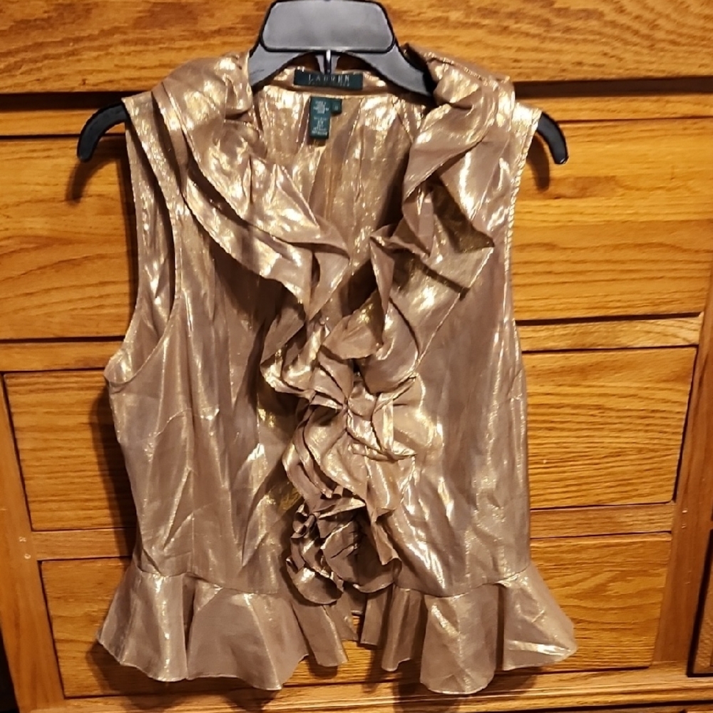 Lauren Ralph Lauren Metallic Gold Ruffled Blouse NWT